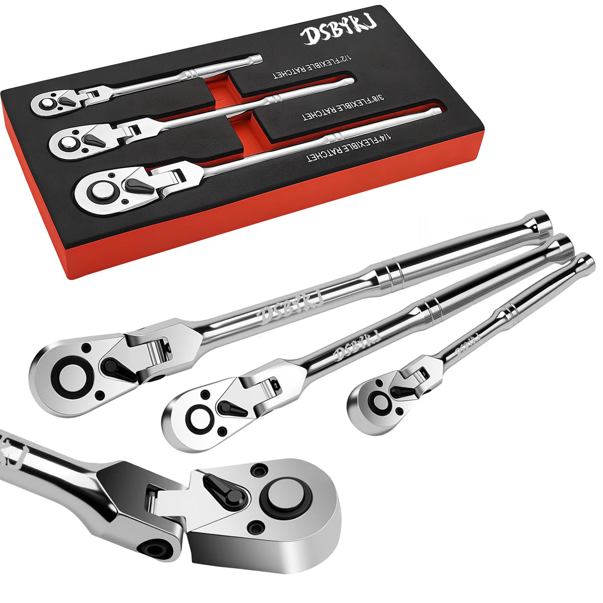 DSBYKJ elbow ratchet set overview with three sizes and swivel head for versatile access.
