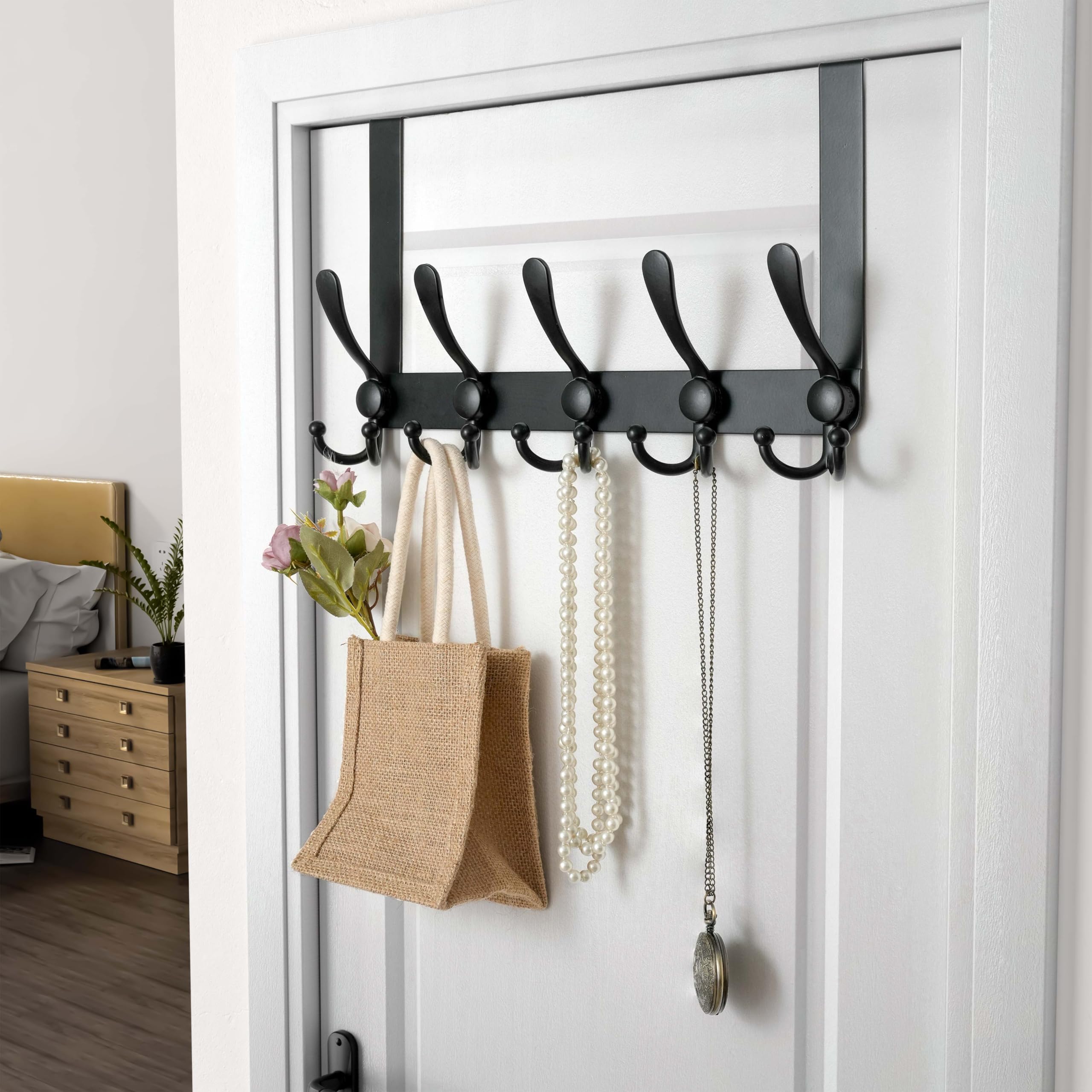 Dseap black-finish over door hook in use reducing clutter