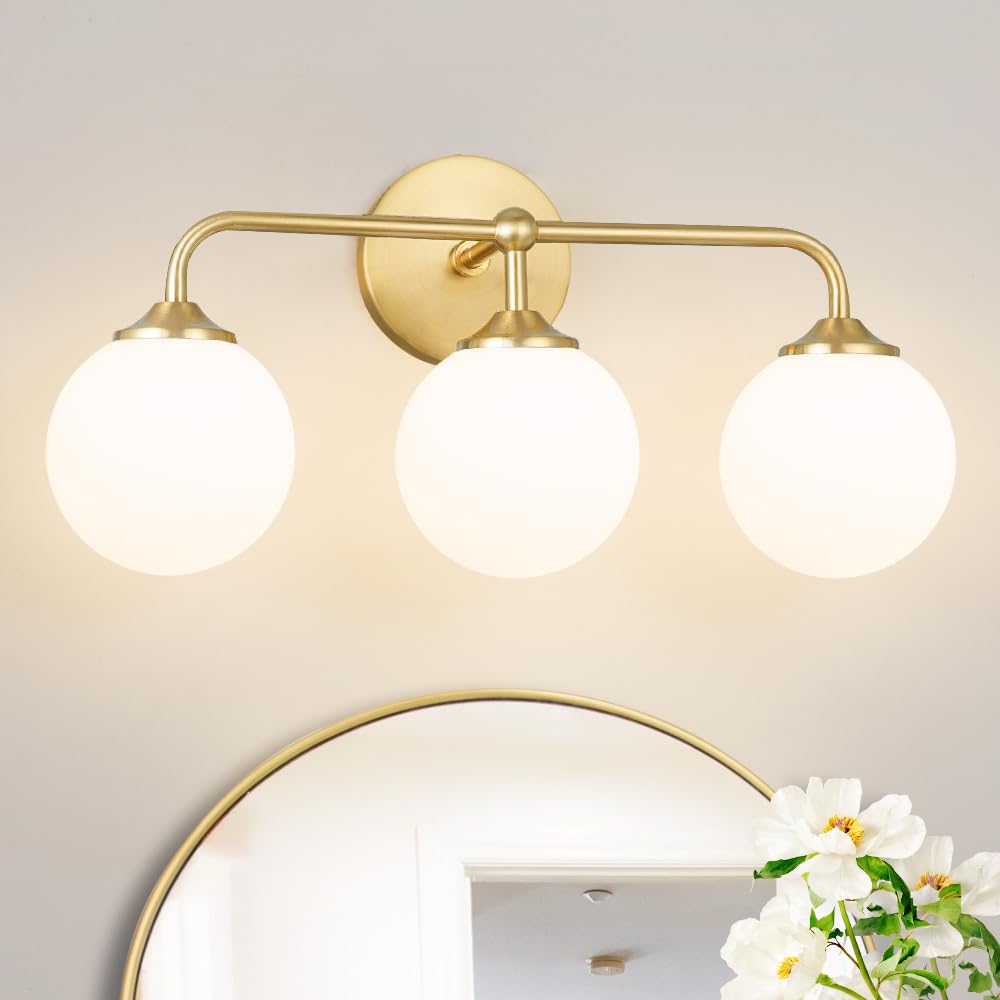 DSMJFU modern brushed gold 3-light vanity with milky glass shades for refined bathrooms.