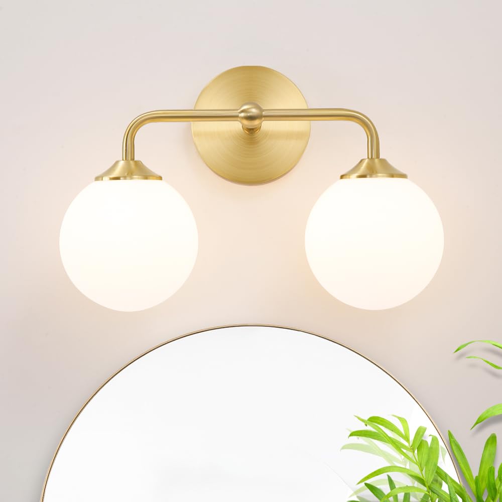DSMJFU Modern Gold vanity light with milky glass shade creates a warm bathroom glow.