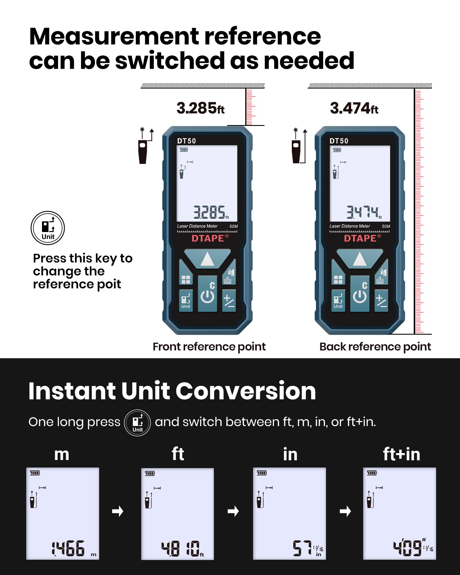 DTAPE laser measure includes pouch for easy portability on job sites.