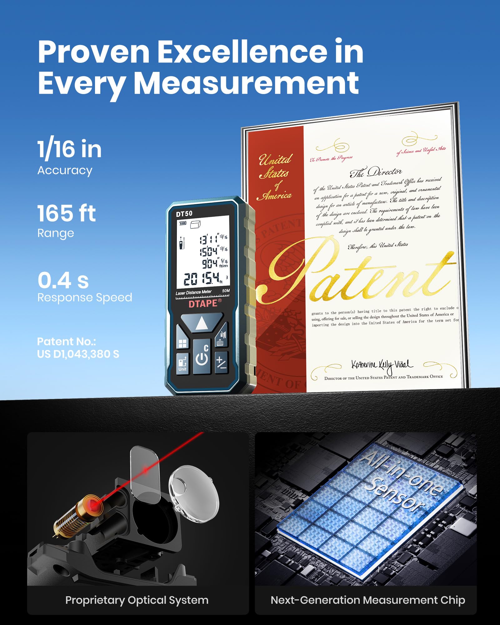 DTAPE laser measure display close-up shows bright 2-inch LCD for clear readings.