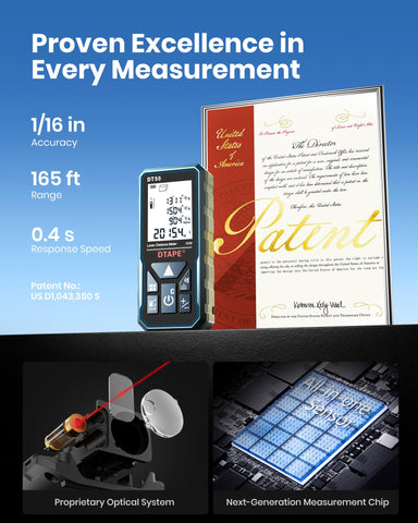 DTAPE laser measure display close-up shows bright 2-inch LCD for clear readings.