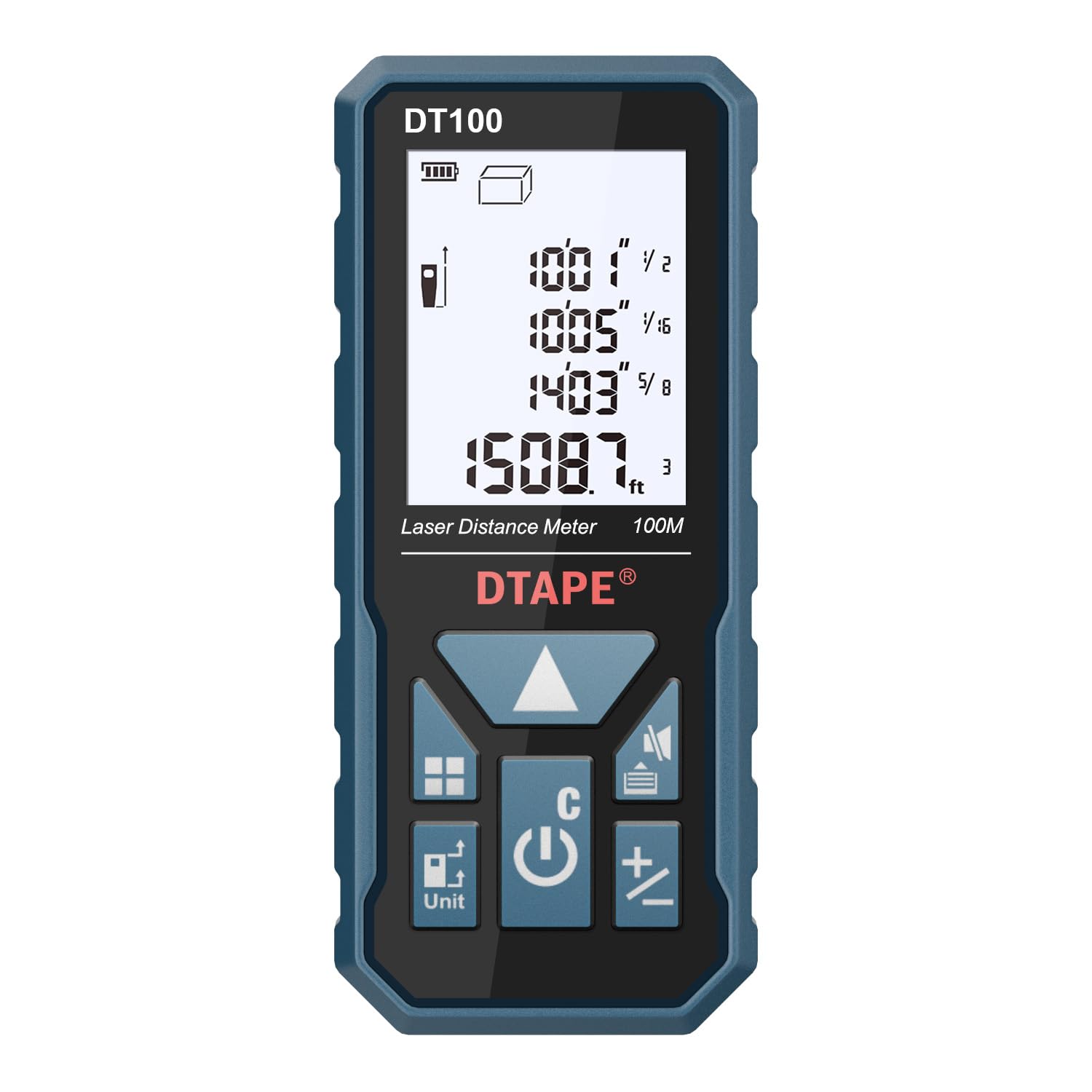 DTAPE laser measure front view highlights 330 ft range for room measurements.