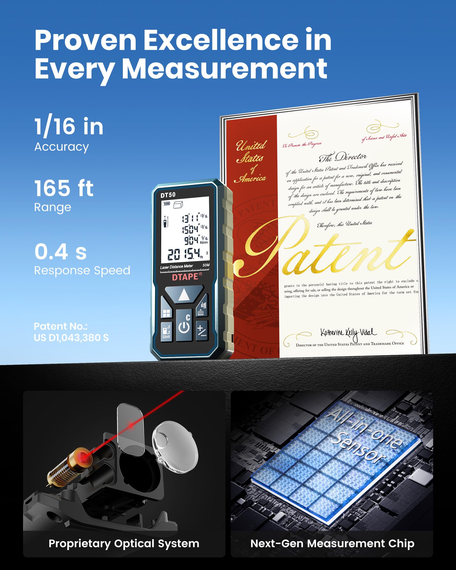 DTAPE laser measurer with a 2-inch backlit LCD for easy readings.