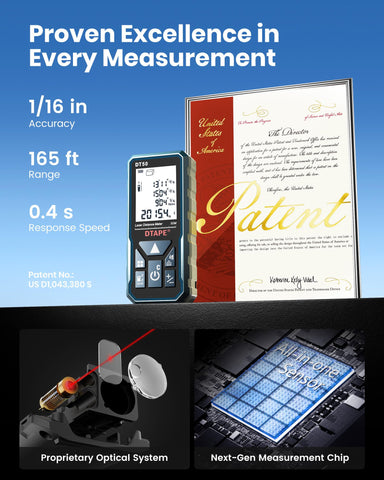 DTAPE laser measurer with a 2-inch backlit LCD for easy readings.