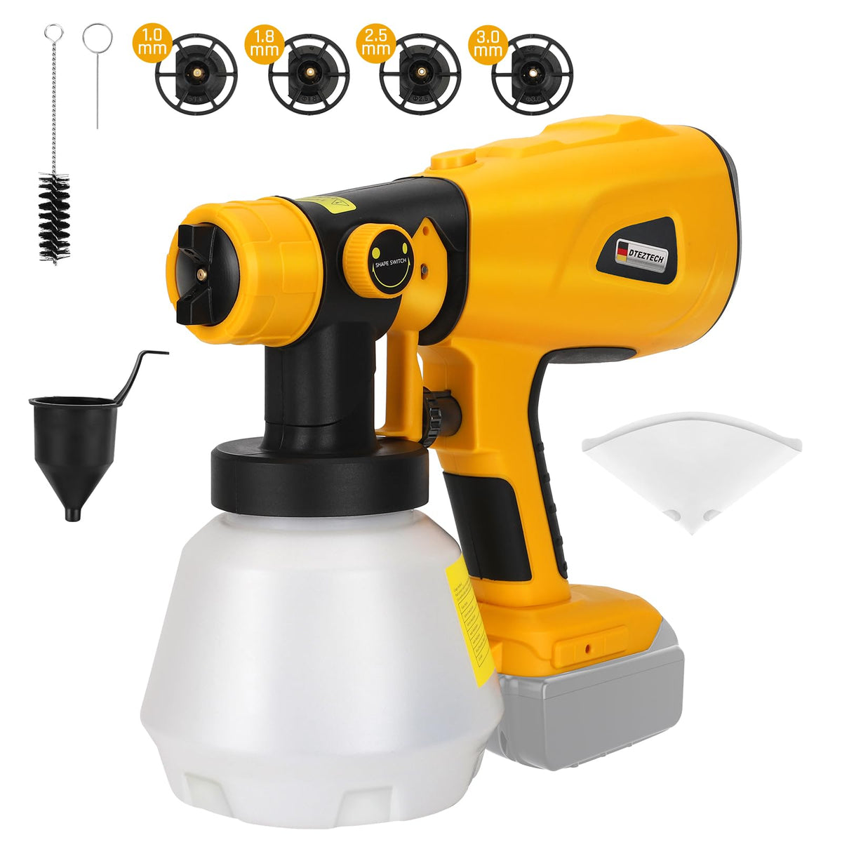 DTEZTECH cordless sprayer connected with DeWalt 20V battery setup for flexible painting