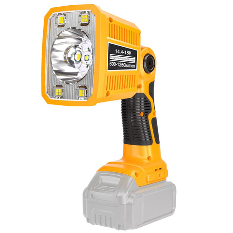 DTEZTECH LED flashlight demonstrates compatibility with Dewalt 20V Max batteries for cordless work