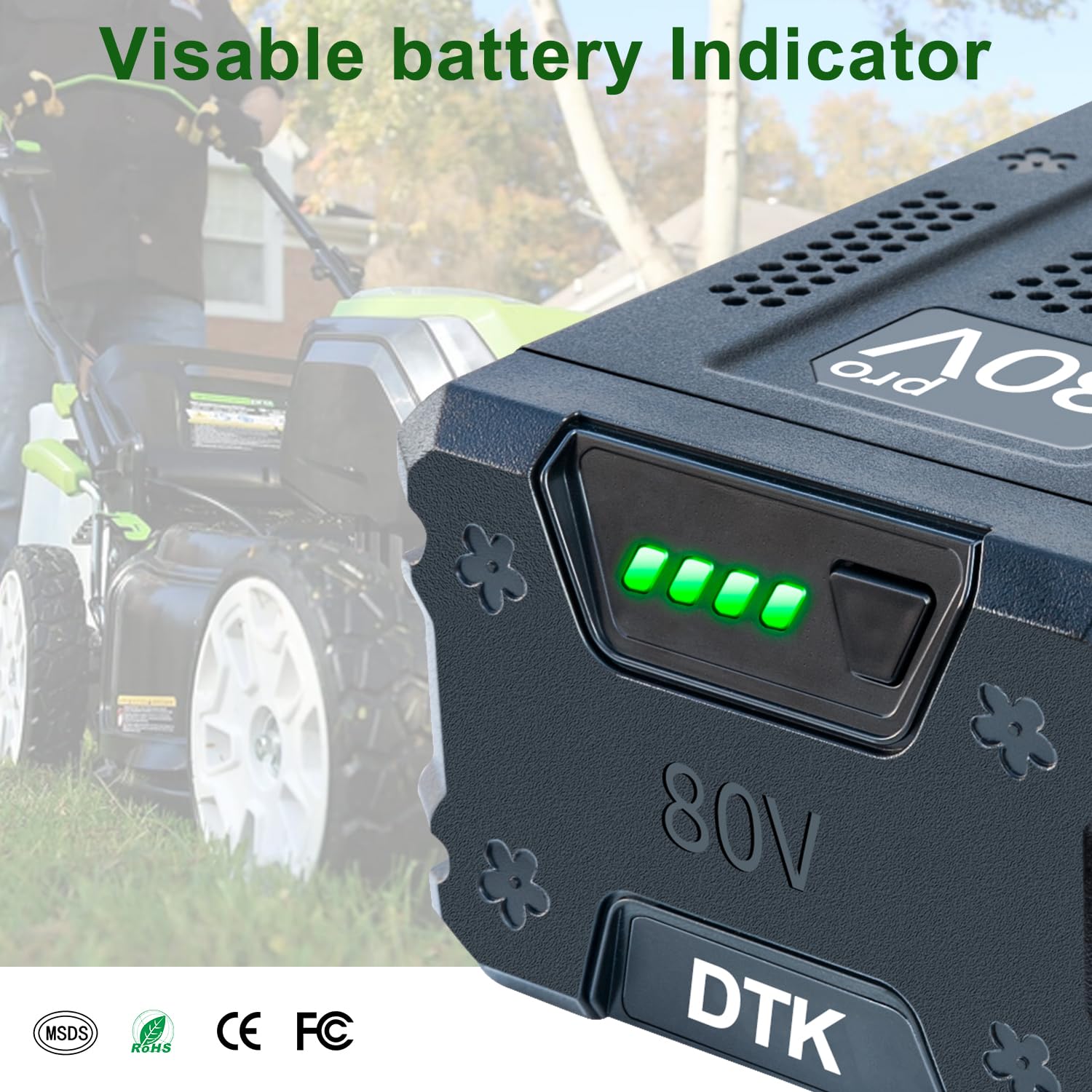 DTK battery charging with Greenworks charger supports quick top-ups.