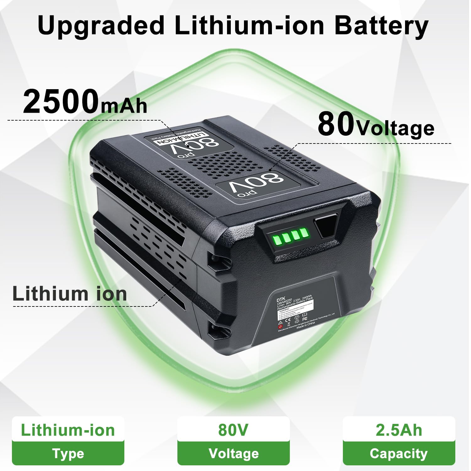 DTK battery LED indicators show charge level for easy monitoring.