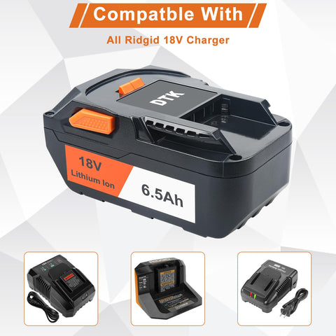 DTK RIDGID 18V 6500mAh battery with microprocessor control for safety