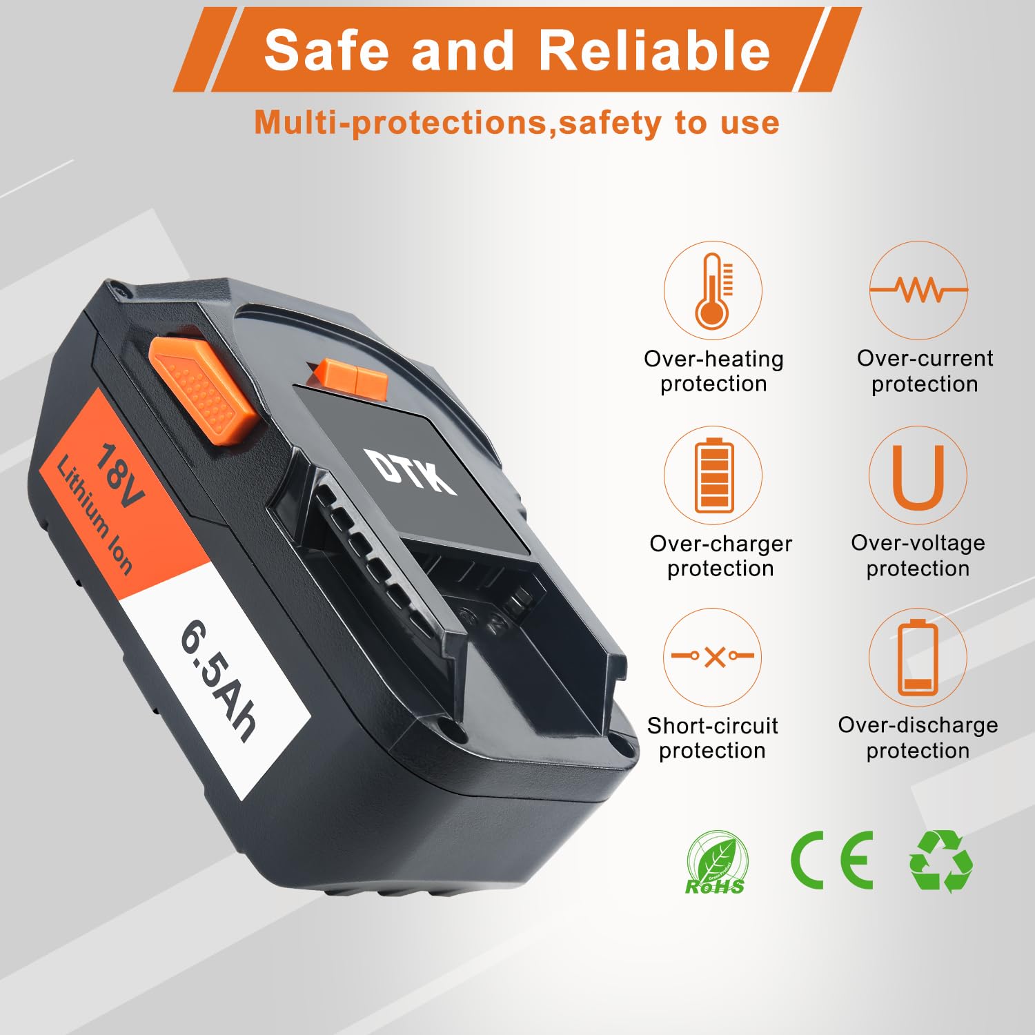 DTK RIDGID 18V 6500mAh pack detail highlighting large capacity
