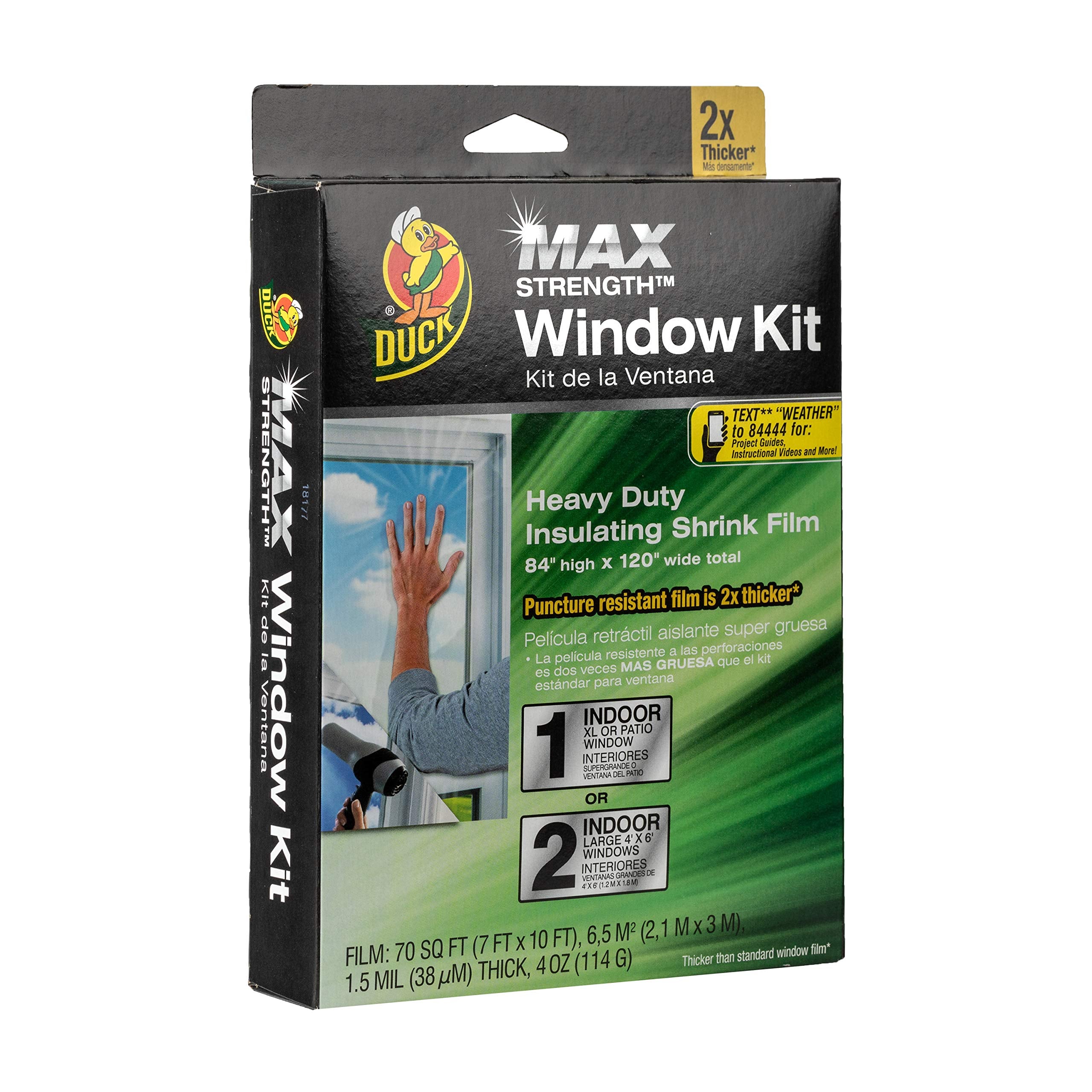 Duck MAX Strength insulating film assembled on patio door for draft blocking.