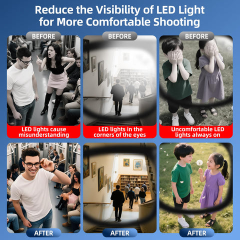 Transparent cover maintains glasses’ aesthetic while blocking glare during video.