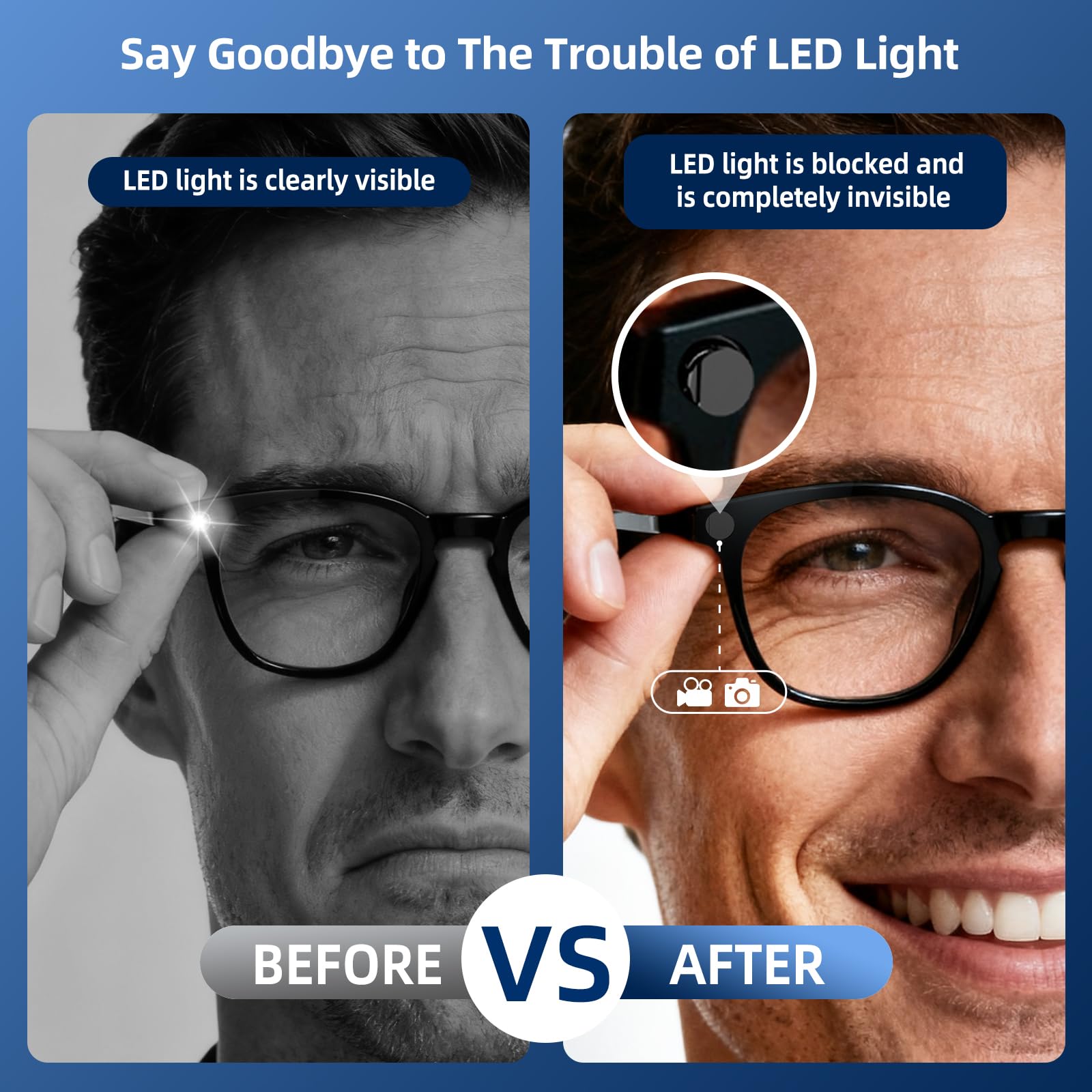 Two-piece DuHeSin LED blocker installs quickly on Wayfarer and Meta models for distraction-free shooting.