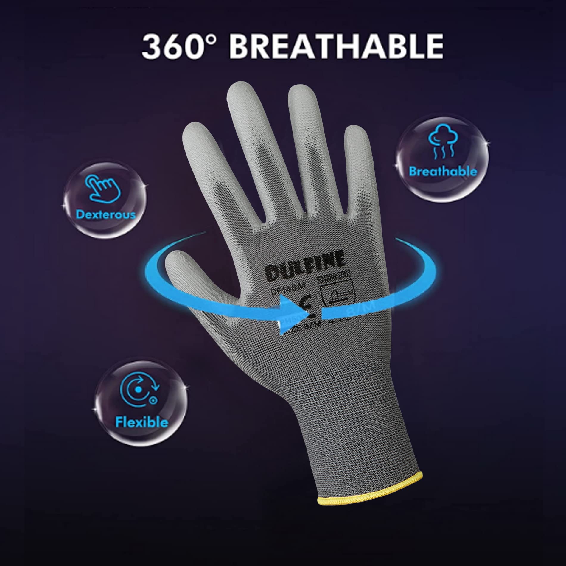 DULFINE grey seamless knit glove foreground emphasizes breathable, comfortable wear.