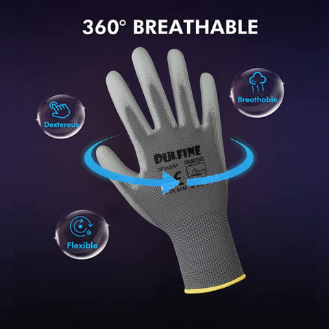 DULFINE grey seamless knit glove foreground emphasizes breathable, comfortable wear.