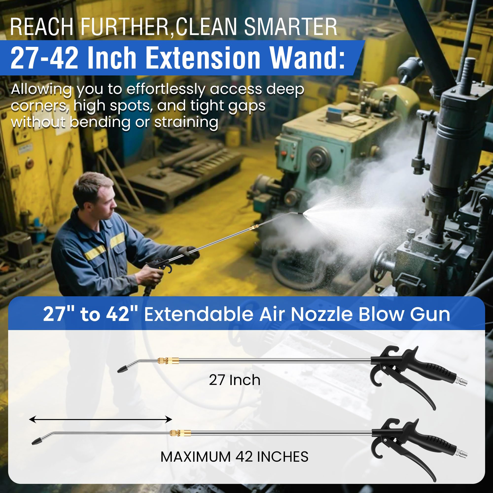 Dunkive air blow gun with 1/4 inch quick-connect for universal compressor compatibility.