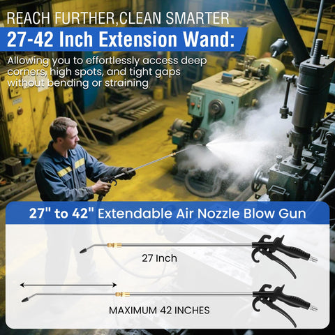Dunkive air blow gun with 1/4 inch quick-connect for universal compressor compatibility.