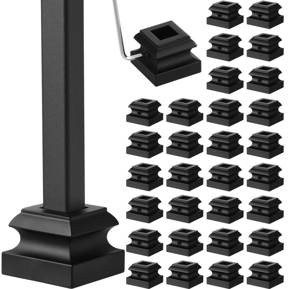Dunzy baluster shoes 36-pack satin black for quick stair installation.