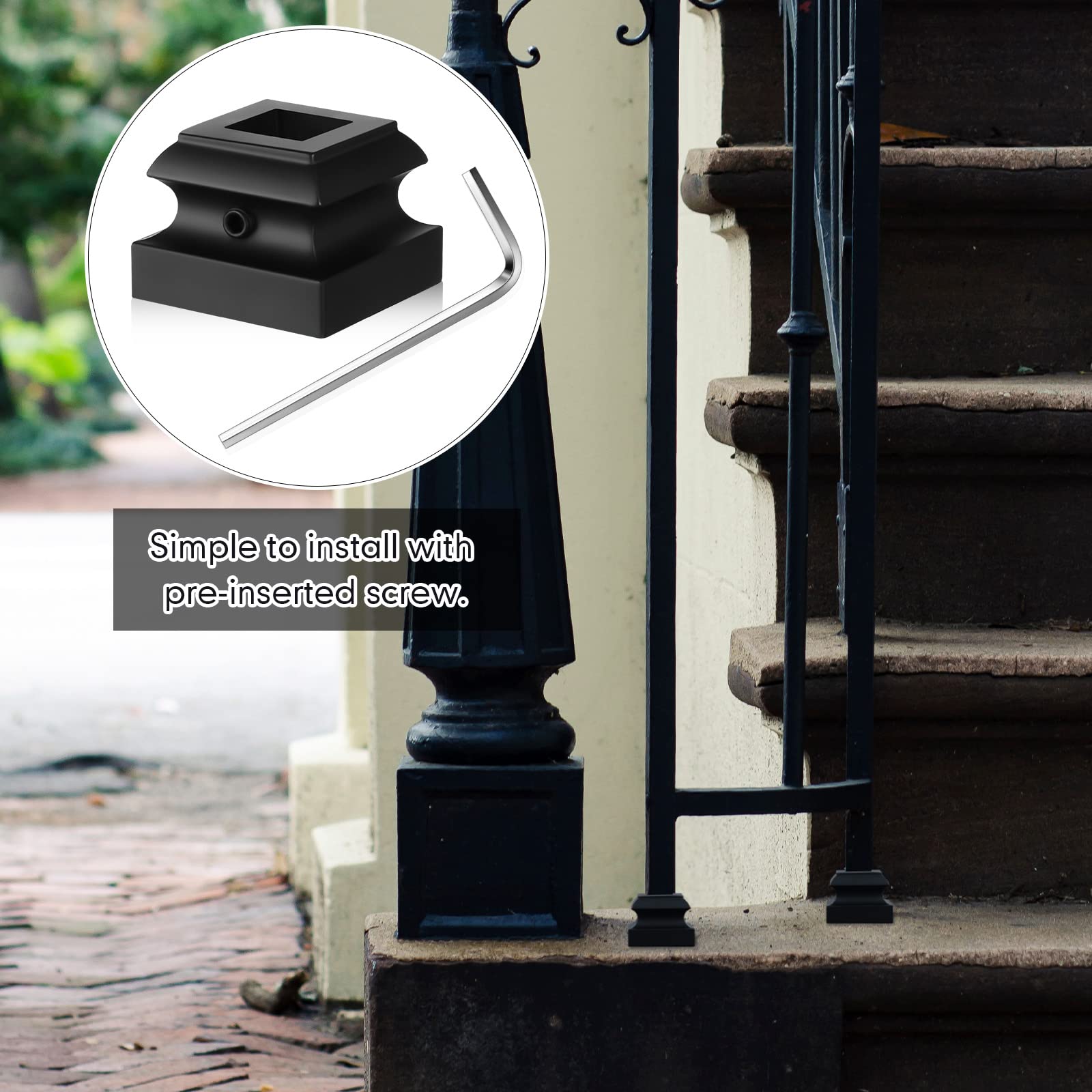Dunzy iron baluster shoes close-up highlights sturdy iron and satin finish.
