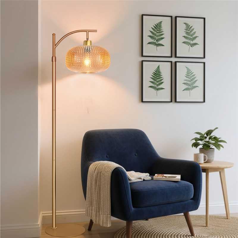 Close-up of Duoled amber glass shade highlighting refined decor detail.