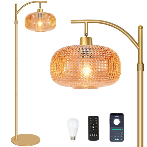 Duoled glass floor lamp with amber shade adds warm ambient lighting to a living space.