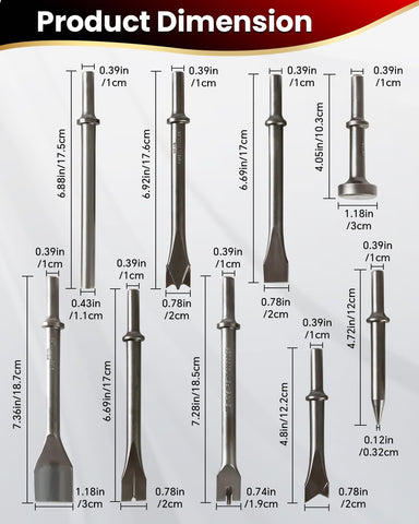 DUPDMKIN 9-pcs chisel set shown for rapid demolition and rust removal