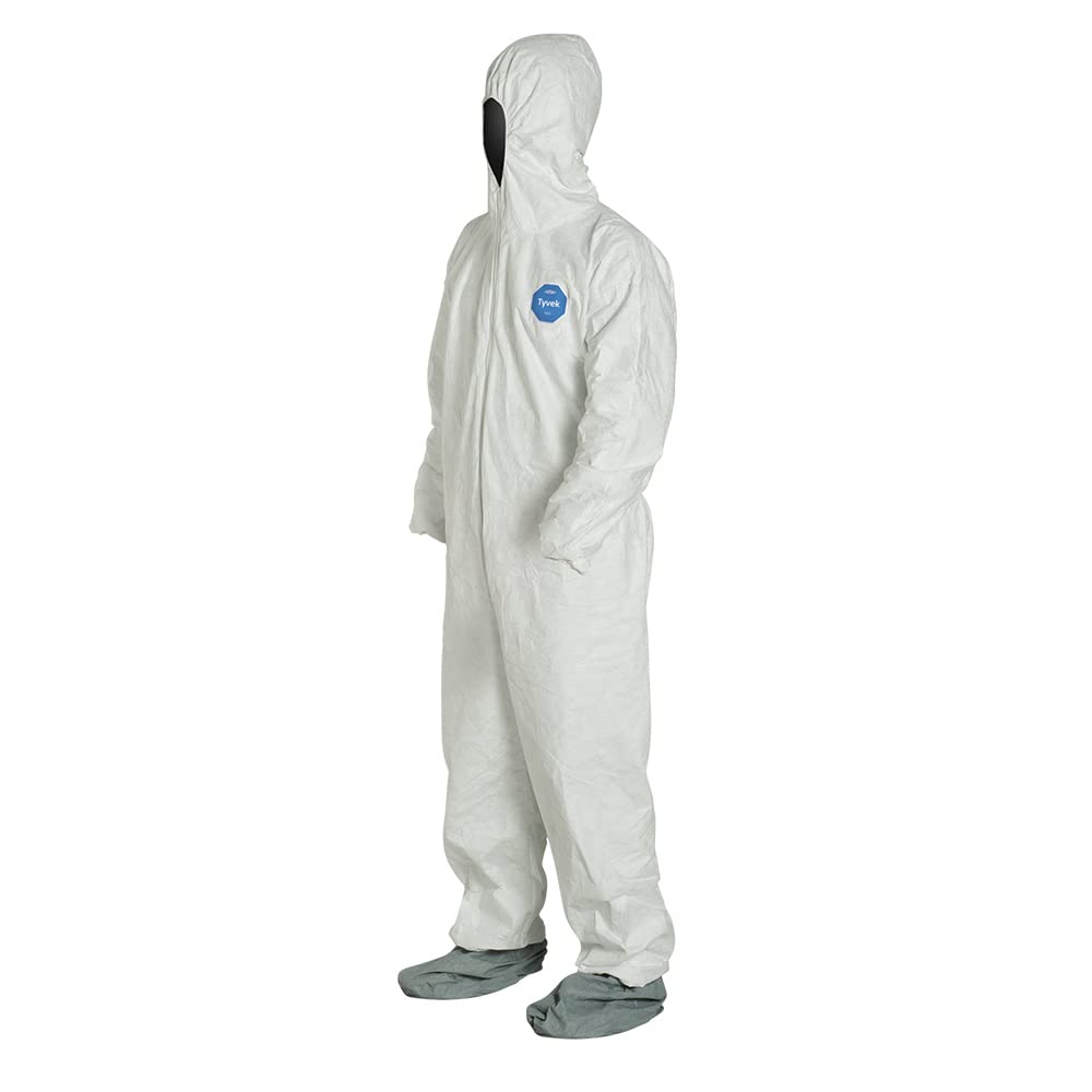 DuPont Tyvek 400 coverall with long zipper to chin for easy donning.