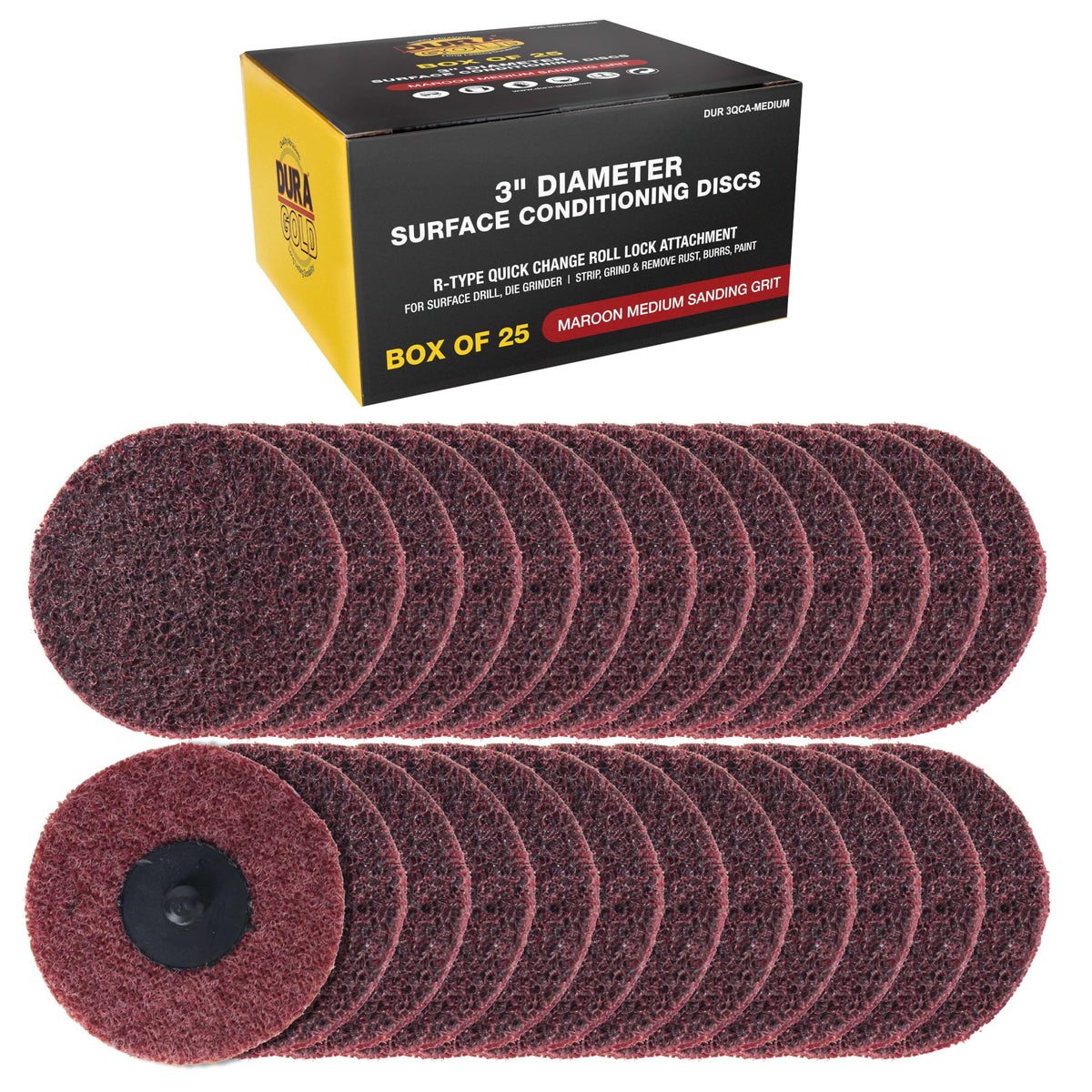 Dura-Gold 3in maroon medium sanding disc for fast surface prep and smooth finish.