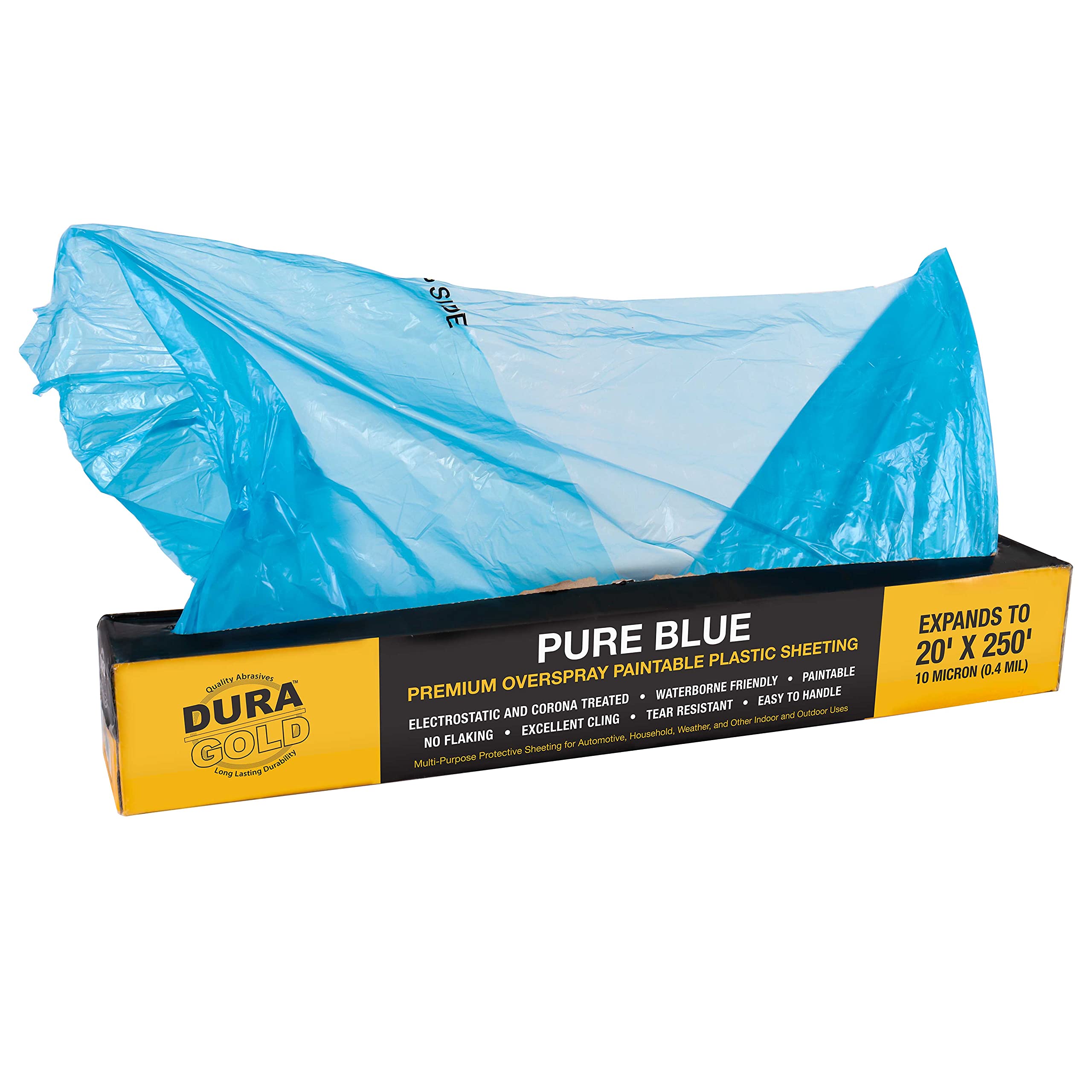 Dura-Gold blue masking film roll provides overspray protection for painting projects.
