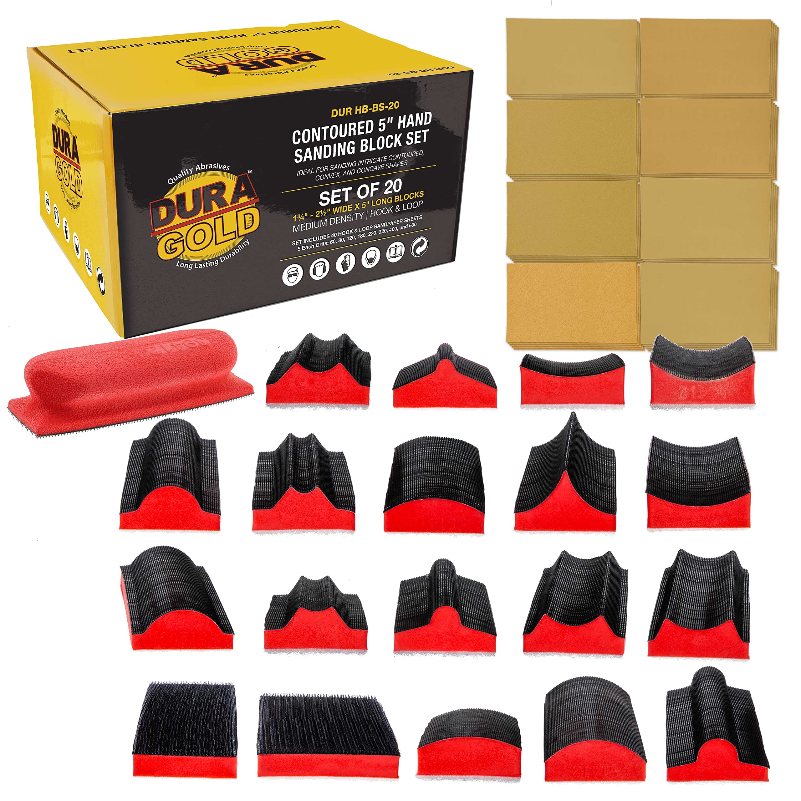 Dura-Gold contoured profile block set for precise curve sanding and edge work.