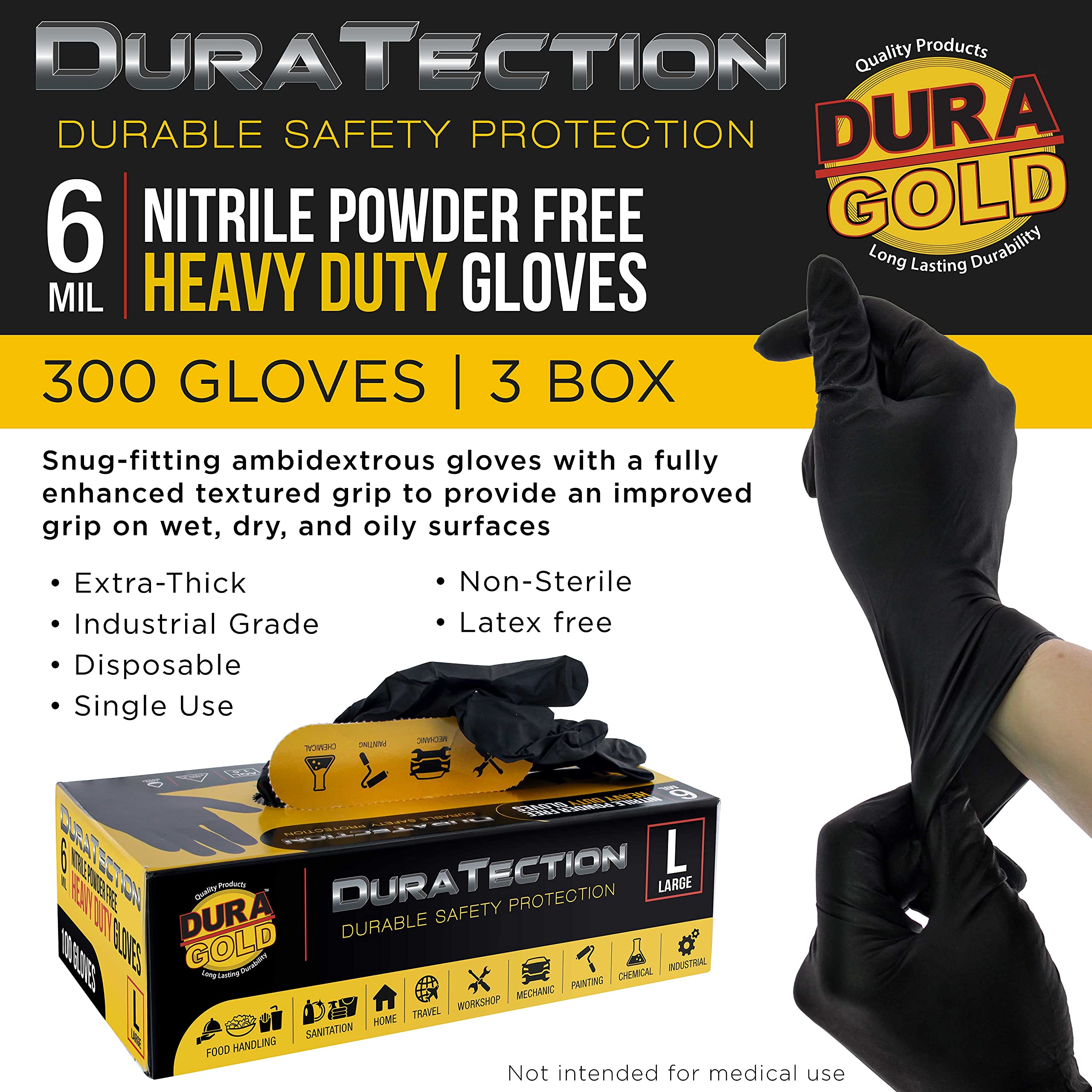 Dura-Gold HD black nitrile gloves with textured grip for secure handling
