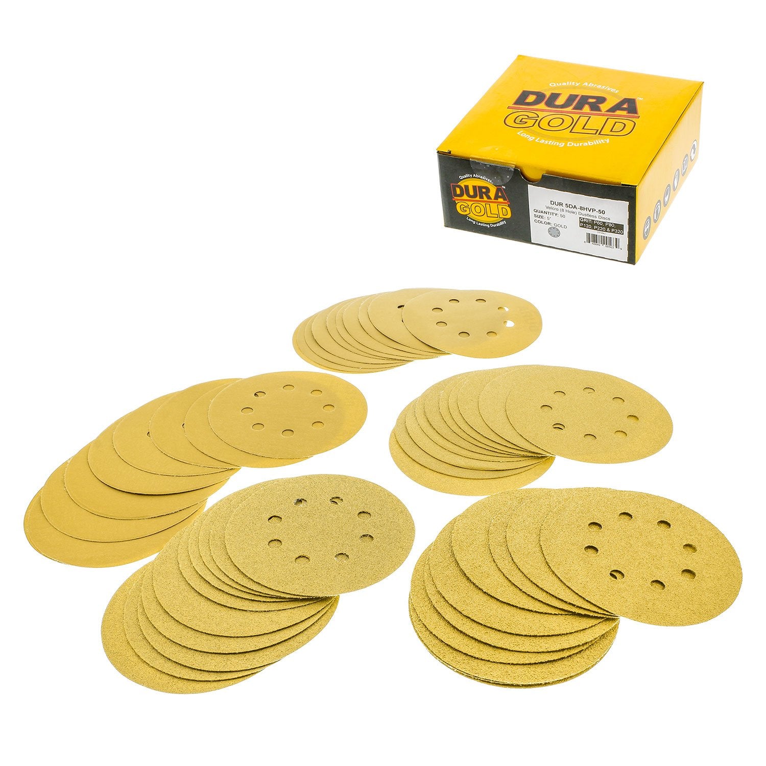Dura-Gold Premium 5-inch sanding discs box of 50 for versatile projects.