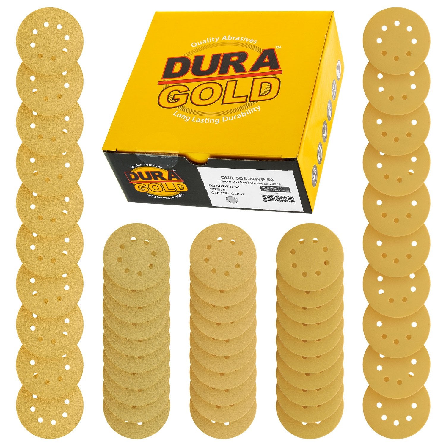 Dura-Gold 5-inch discs with grit variety for fast prep and finishing.