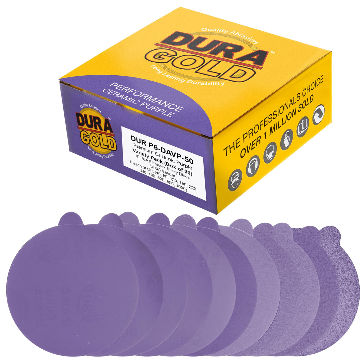 Dura-Gold Premium 6-inch PSA purple film ceramic sanding discs variety pack for fast, long-lasting finishing.