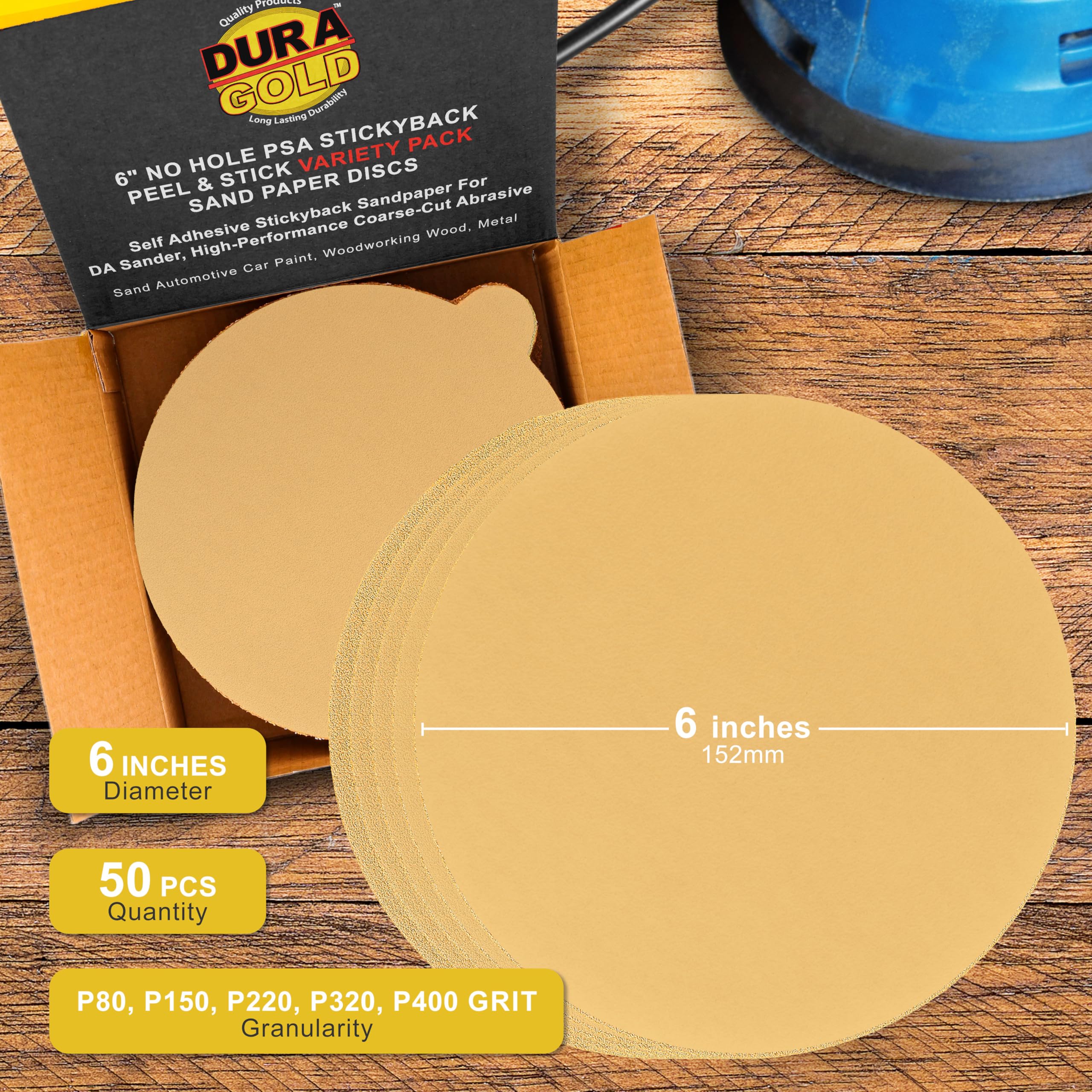 Dura-Gold 6in 120-grit disc provides smooth leveling before finishing