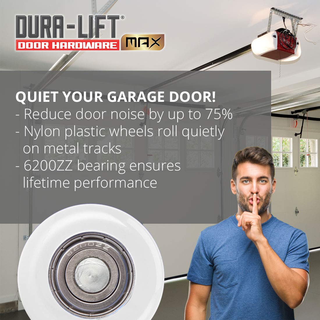 DURA-LIFT Ultra-Life Max 2in roller delivering quiet operation in garage use.