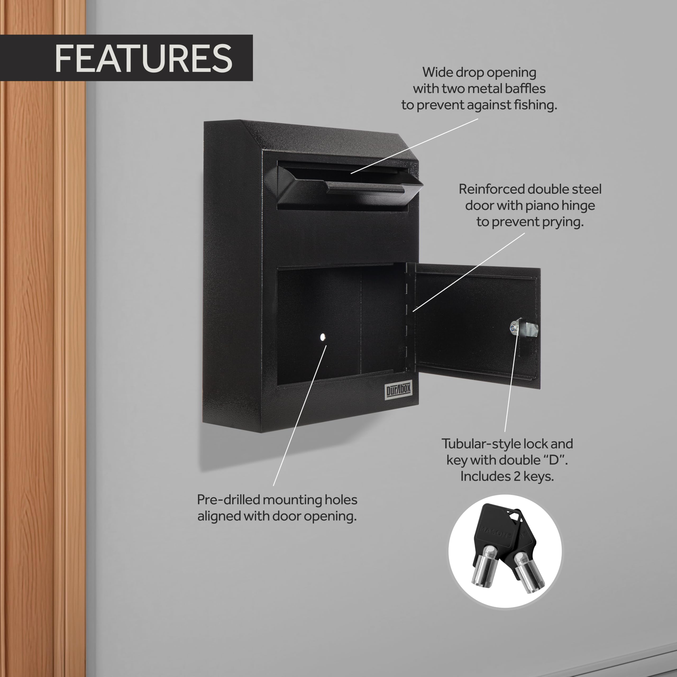 Durabox drop slot detail highlighting wide opening for mail and checks