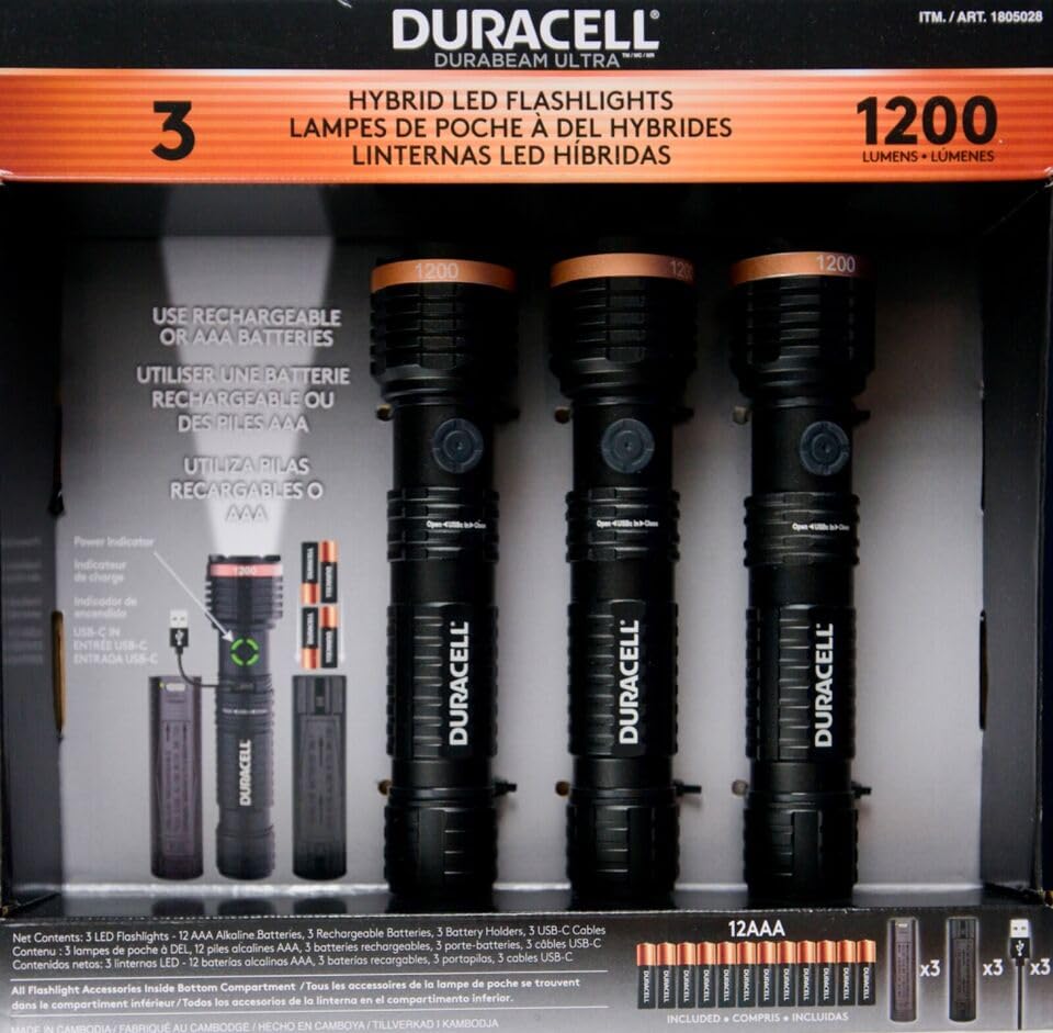 Duracell Durabeam Ultra-Hybrid flashlight beam at 1200 lumens for outdoor visibility.