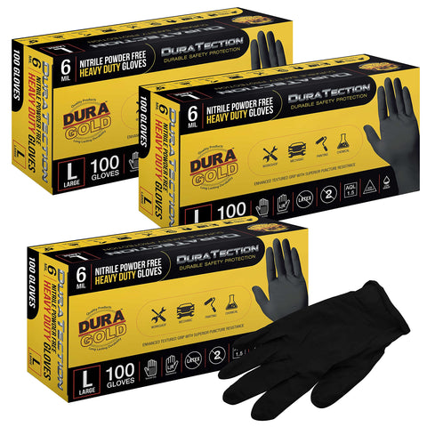 Dura-Gold HD black nitrile gloves pack shot showing bulk protection and value