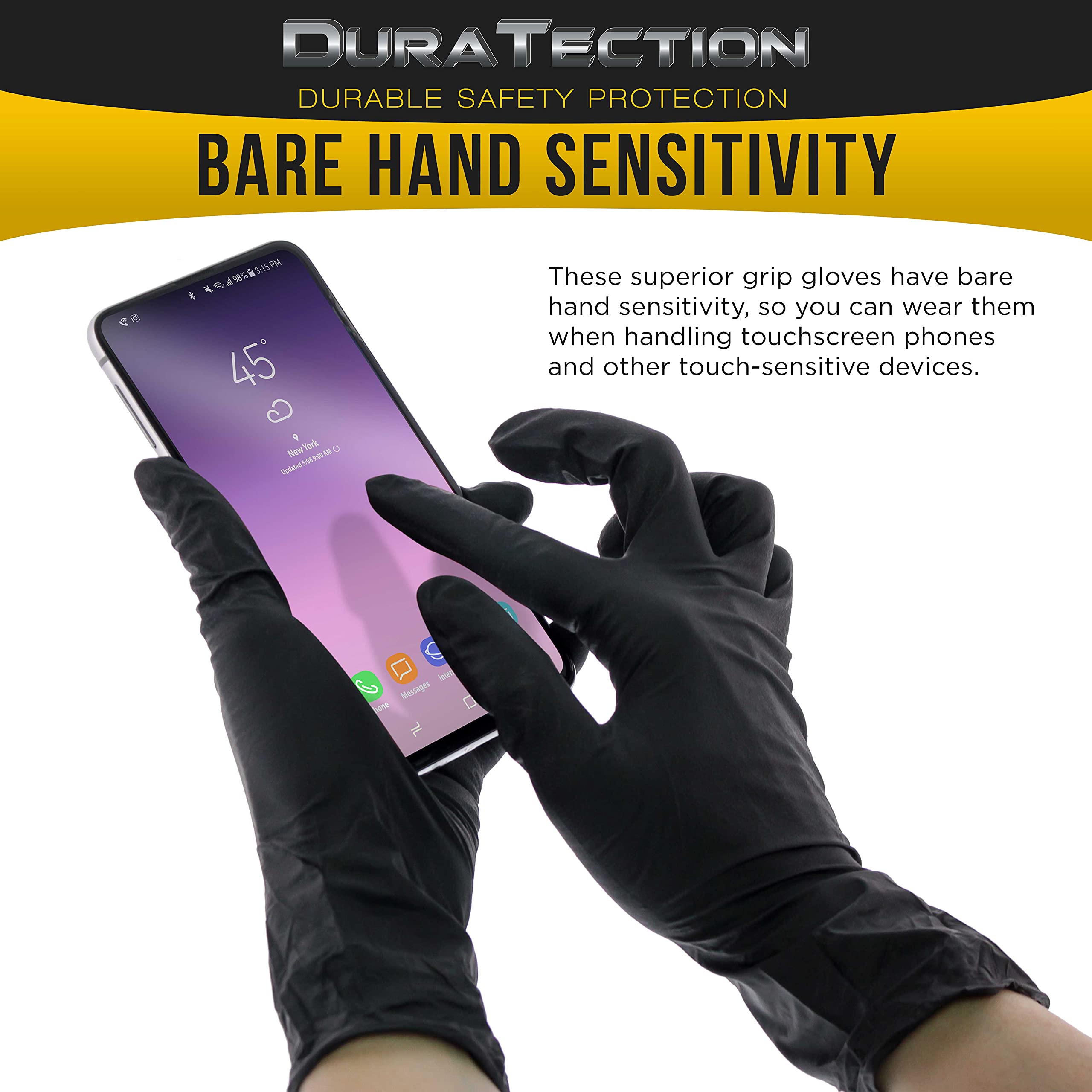 Dura-Gold HD black nitrile gloves in a workshop setting for tools