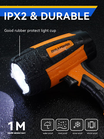 Durapower spotlight charging port shows convenient battery output.