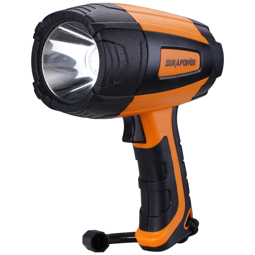 Durapower rechargeable spotlight front view, compact design for outdoor use.