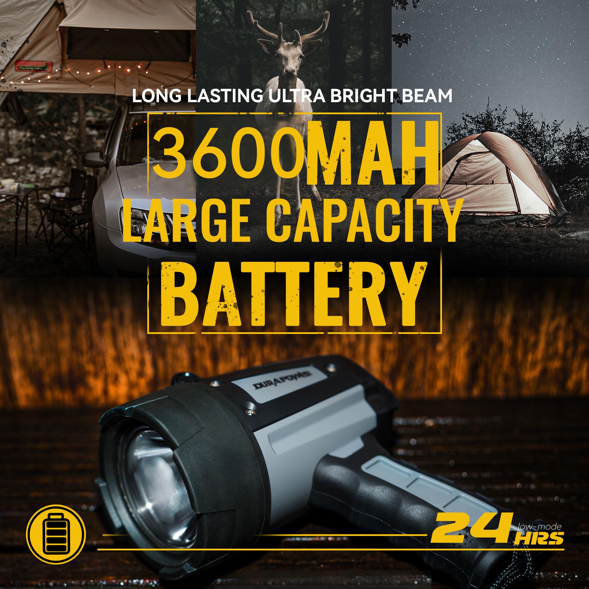 Durapower durable ABS and rubber housing resists drops up to 3 m.