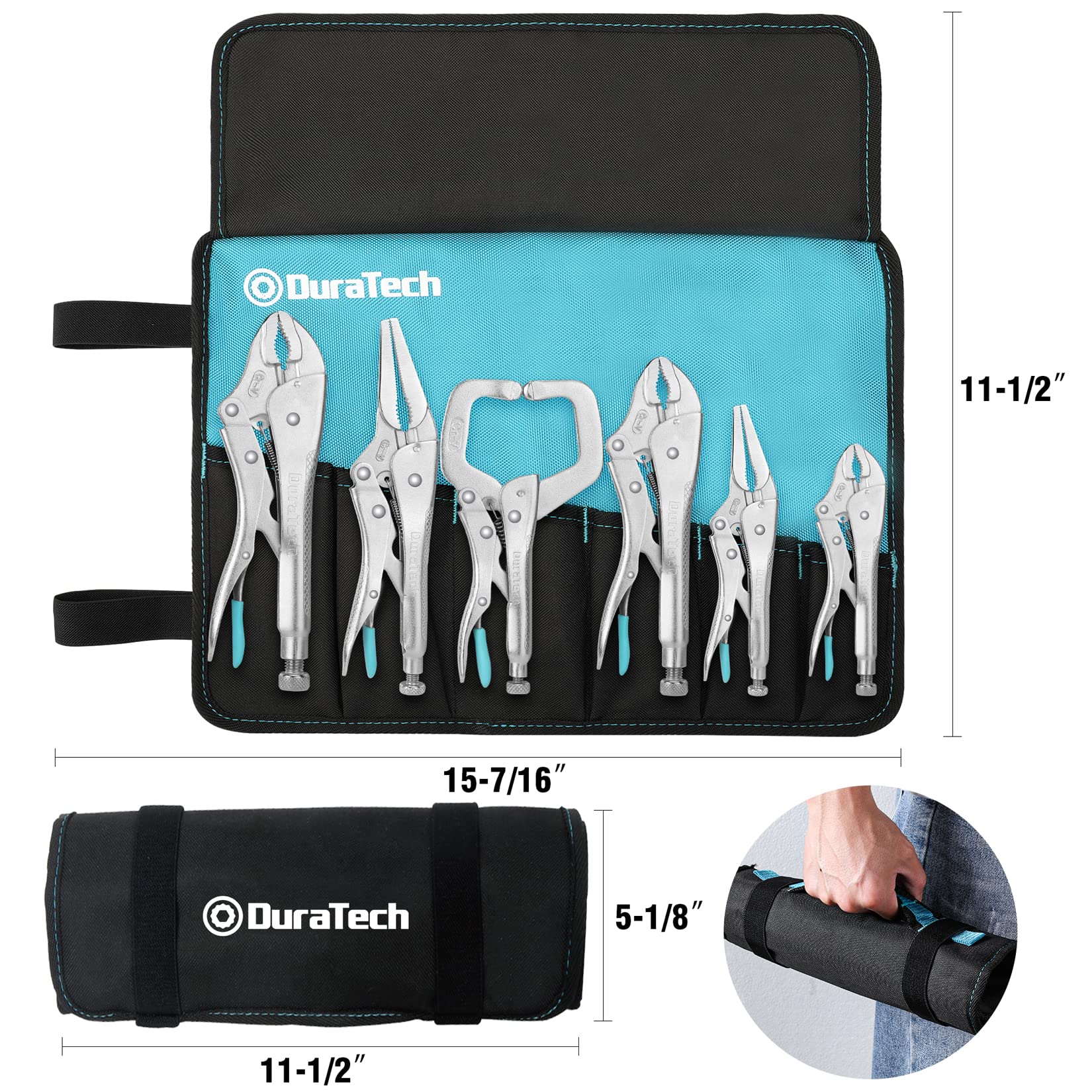 Duratech 10-inch curved jaw locking pliers handle larger clamps securely.