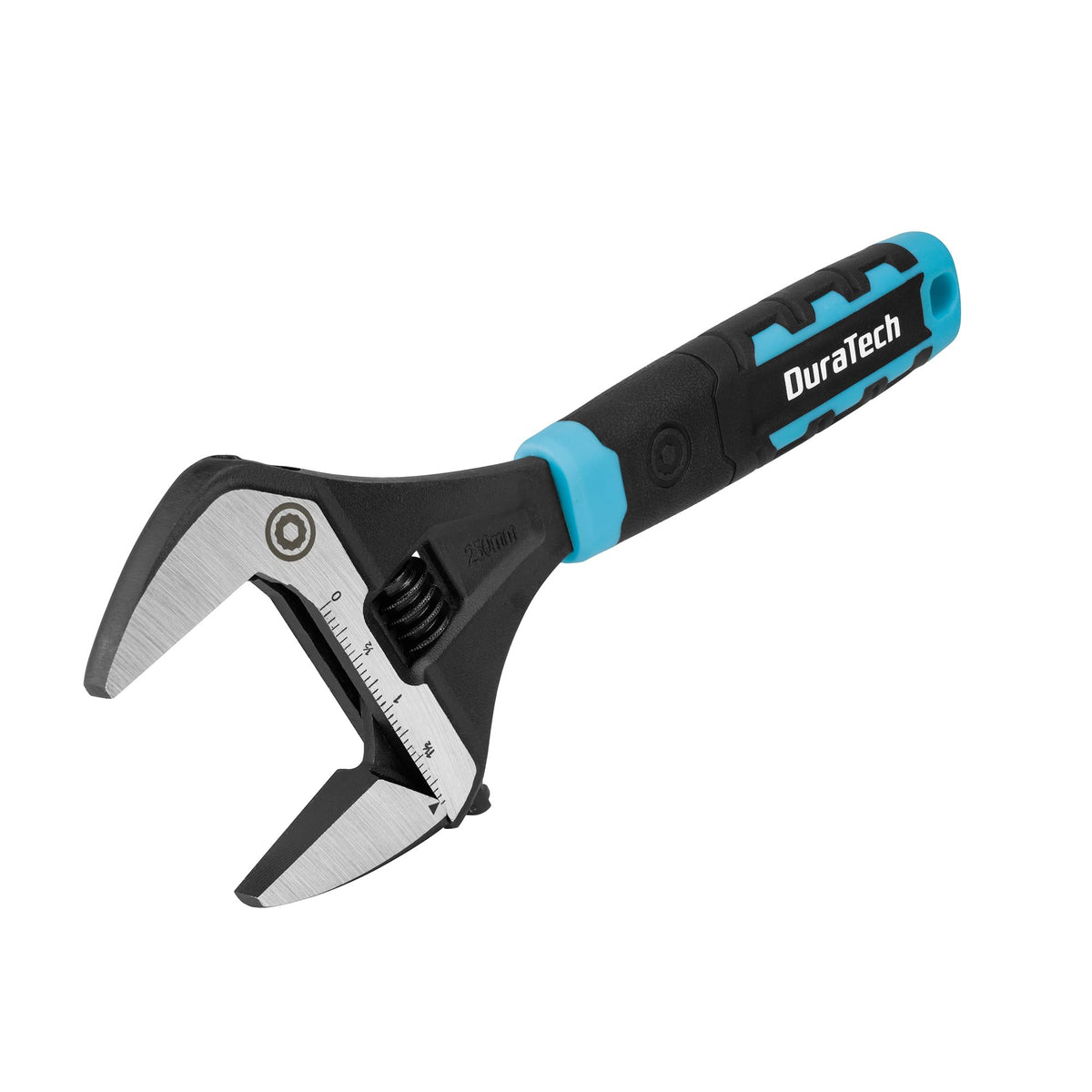DURATECH 10-inch adjustable wrench with wide jaw for larger nuts and pipes.