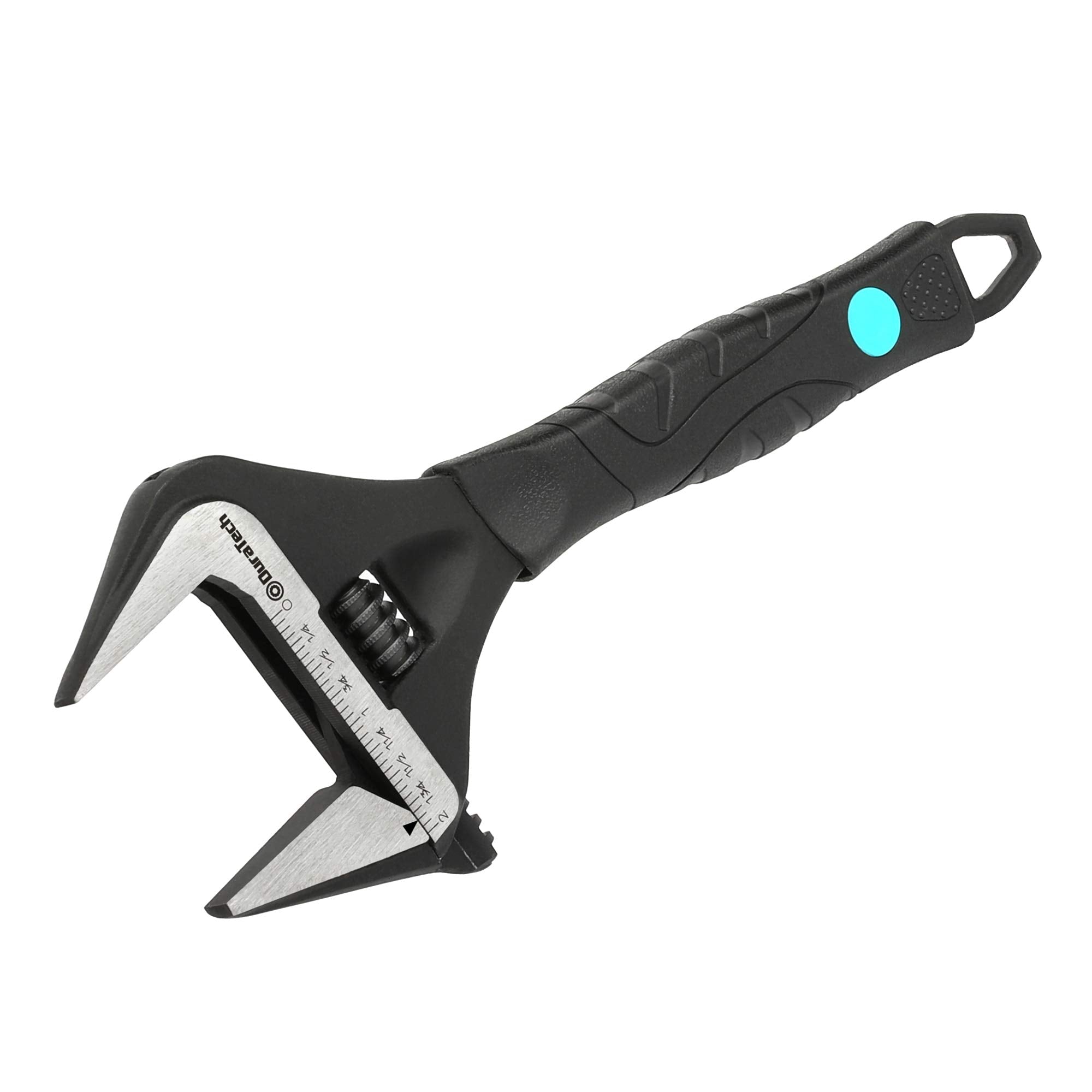 Duratech 10-inch adjustable wrench with wide jaw opening up to 52 mm for large fasteners.