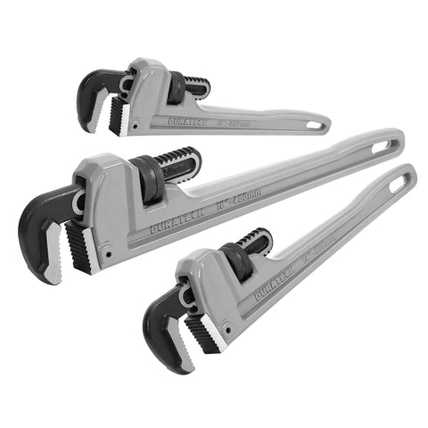DURATECH 10-inch aluminum pipe wrench for lighter handling and quick grip during repairs.