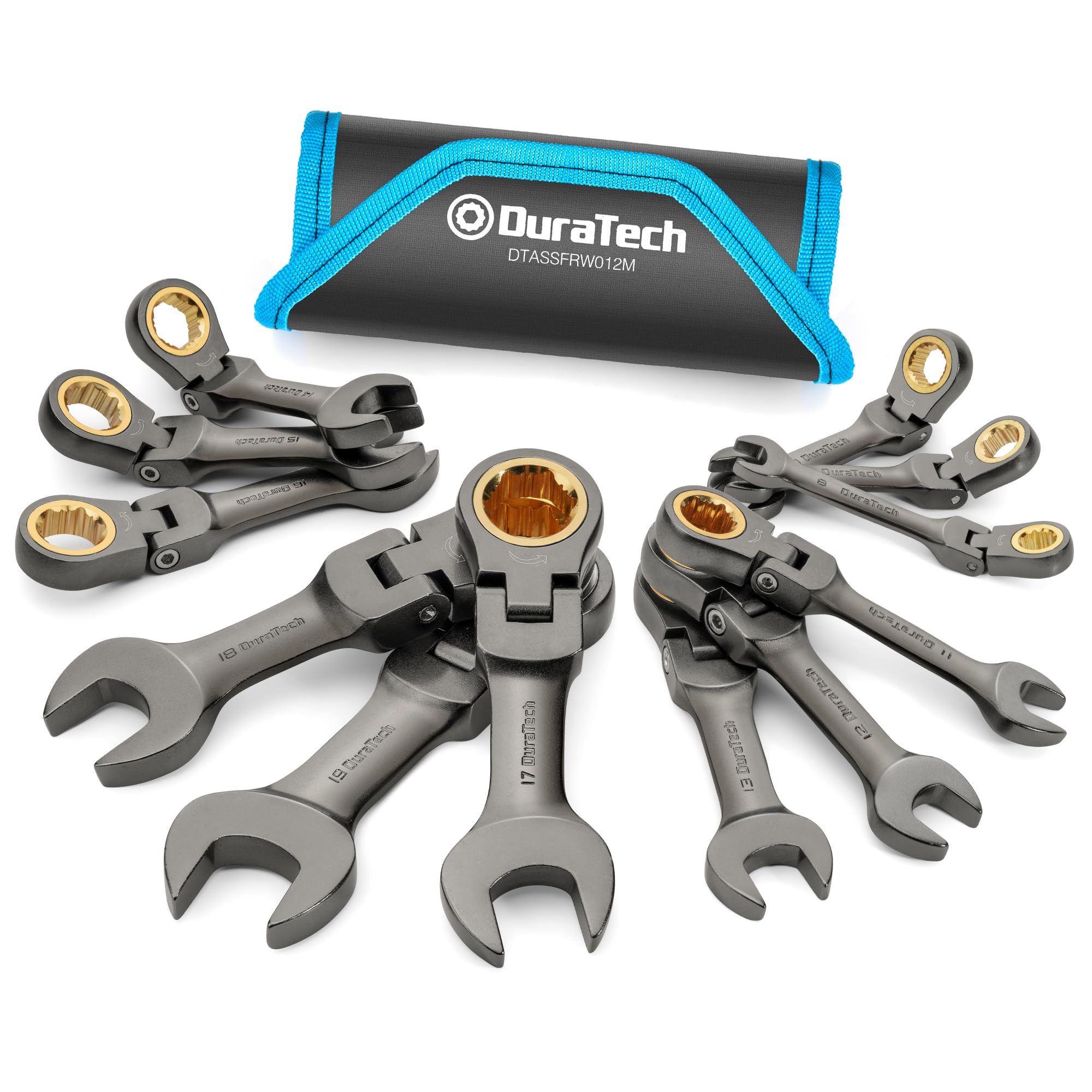 DURATECH 12-piece anti-slip flex-head ratchet set with nickel finish for strong grip in tight spaces.